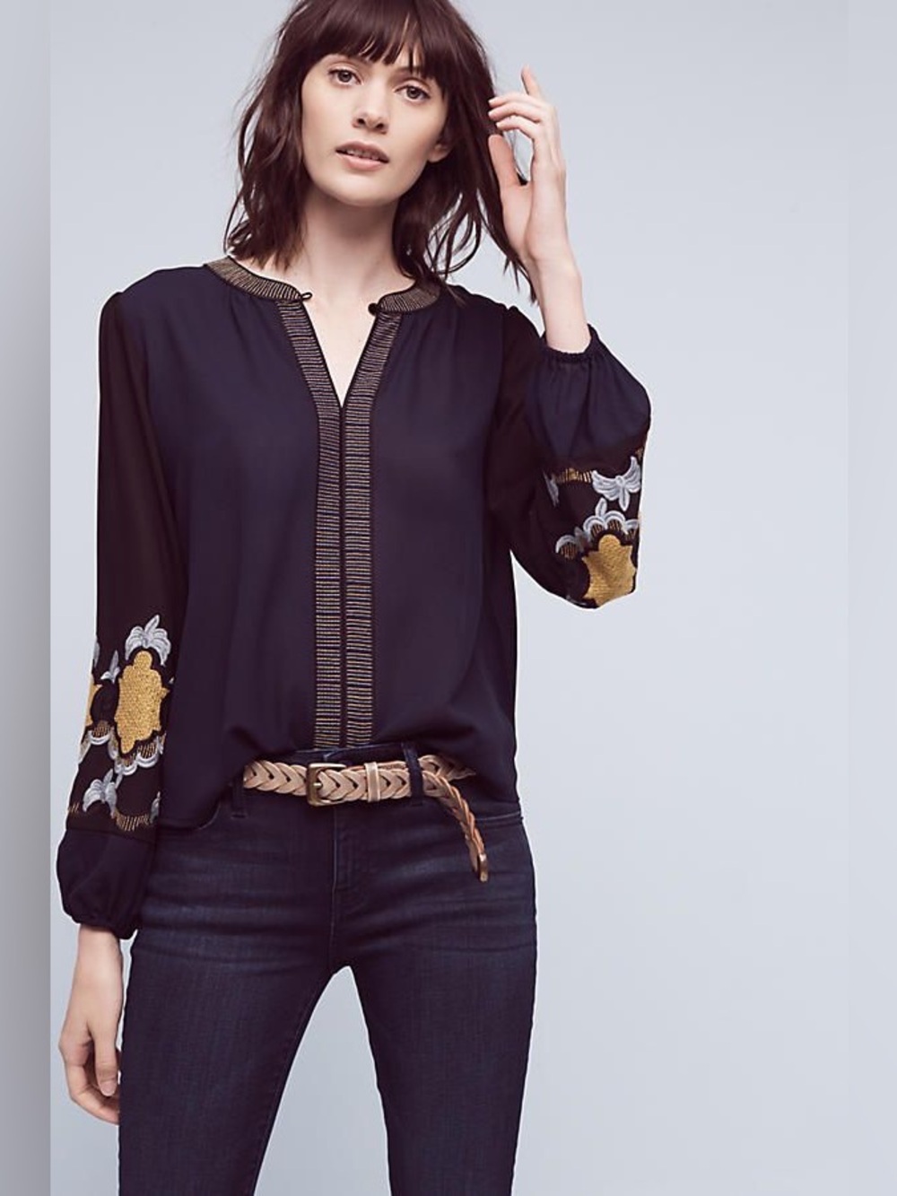 Anthropologie Vanessa Virginia Lucania Embroidered Blouse Navy Size M